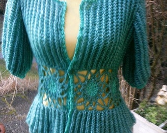 Knitted jacket with crochet motifs, green-metallic, size 40-42, M, UK 12-14, US 10-12