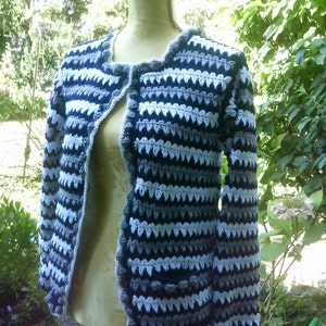 Crochet jacket, dkl.blue-gray-white, size 36-38, S, UK 10-12, US 8-10 image 3