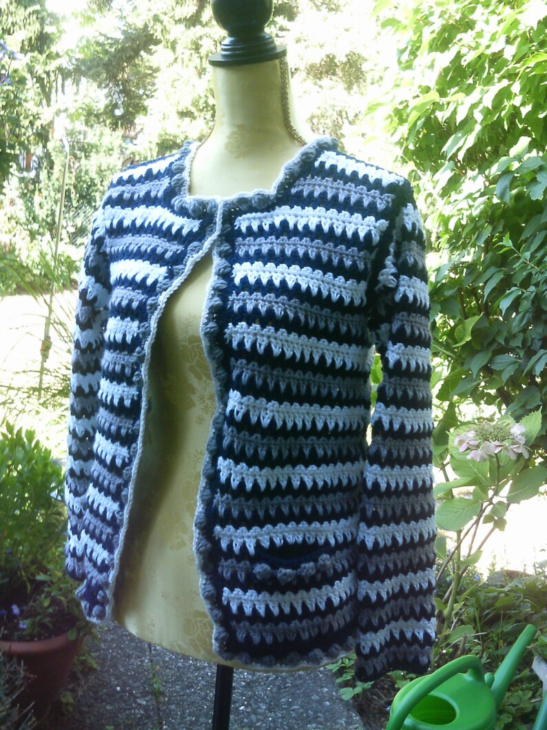 Crochet jacket, dkl.blue-gray-white, size 36-38, S, UK 10-12, US 8-10 image 3