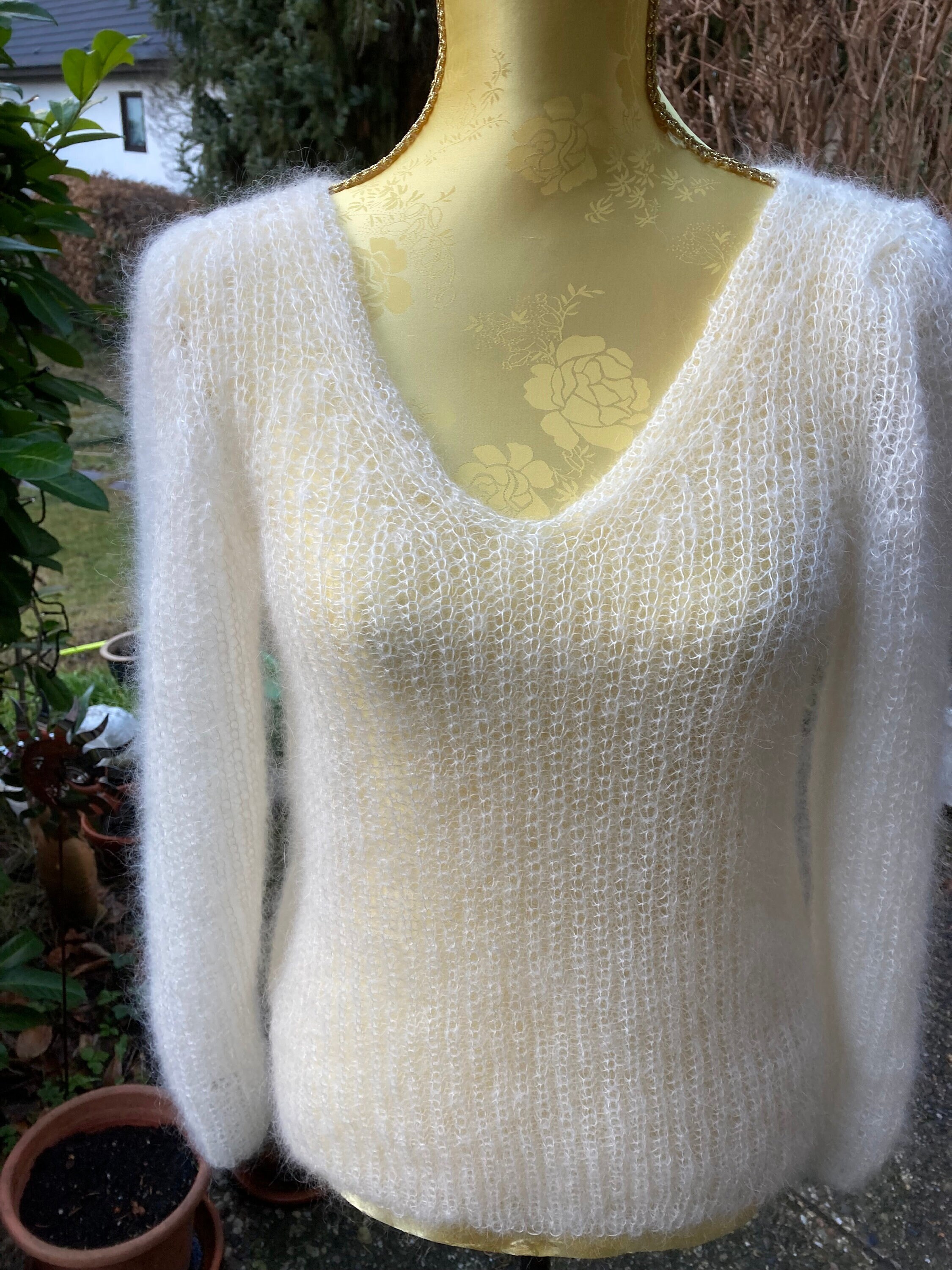 V Neck Sweater Mohair Silk Bridal Sweater Chunky Sweater White