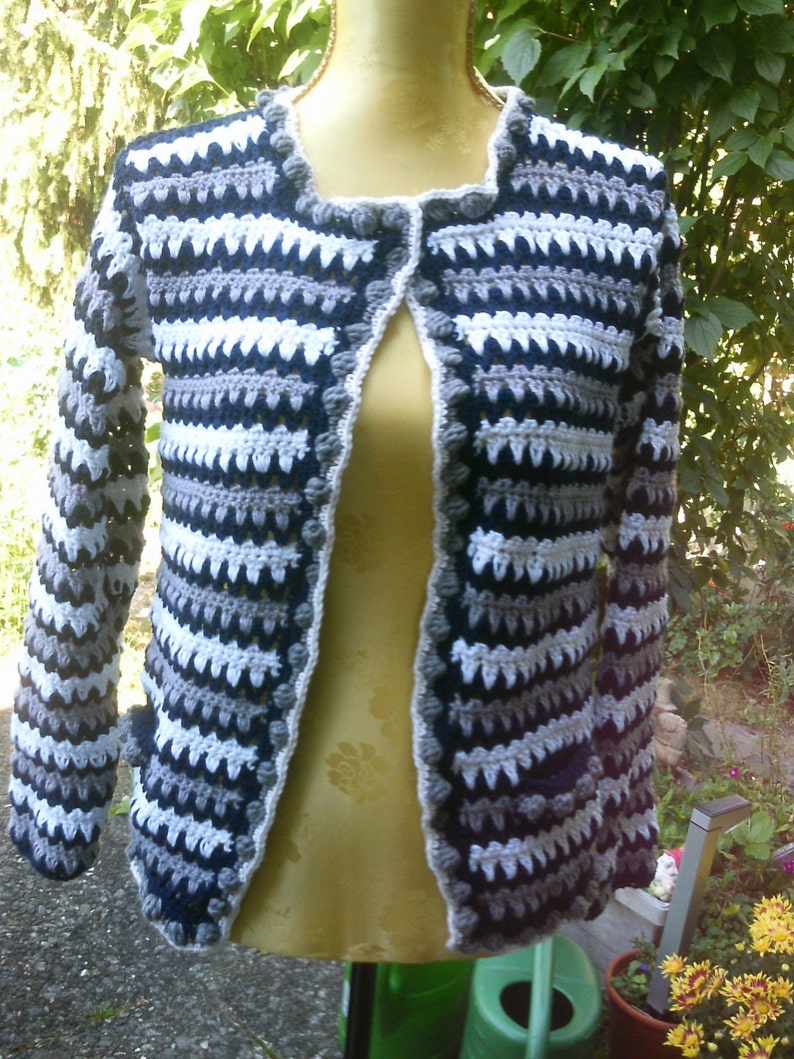 Crochet jacket, dkl.blue-gray-white, size 36-38, S, UK 10-12, US 8-10 image 1