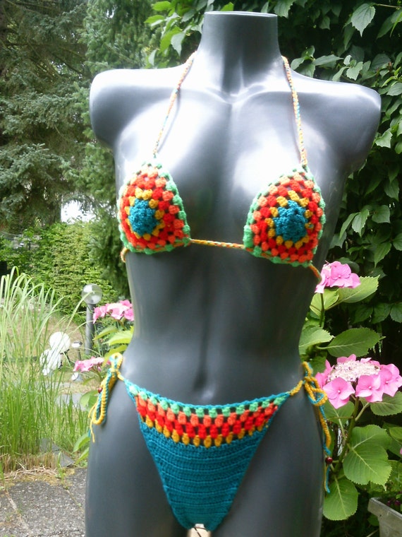 Bikini Crocheted Granny Style Size 38 40 M Blue Colored Etsy