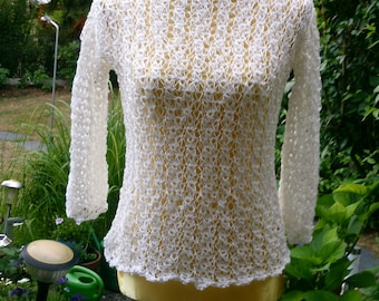 Strickpullover, Netzmuster, Pullover, 3/4 Arm, Shirt, Top, Handarbeit, weiß, Gr. 36-38 (S), UK 10-12, US 8-10