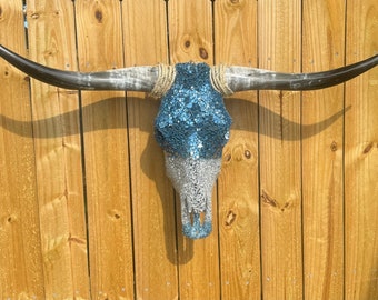 Blue and Silver Bedazzled Cow Skull