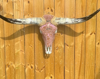 Rose Quartz & Pink Glass Bedazzled Cow Skull