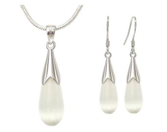 White drop moonstone necklace pendant and earrings, genuine 925 sterling silver hallmarked, real white moonstone, purple bag black gift box