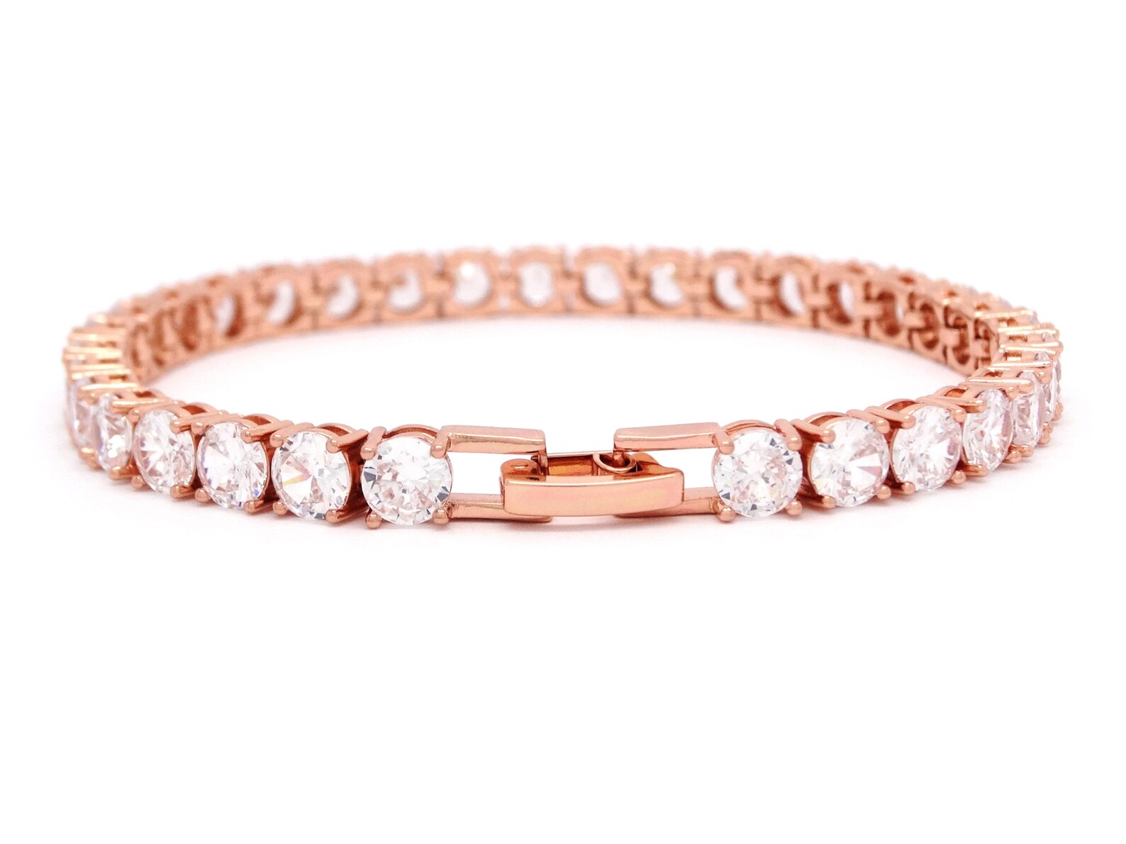 Round Tennis Bracelet 18CT Rose Gold Plated Chain, 32 Sparkly White
