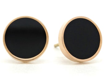 Black moonstone round stud earrings 18CT rose gold plated, bold circle dark, black stud, gemstone, purple gift bag and black jewelry box