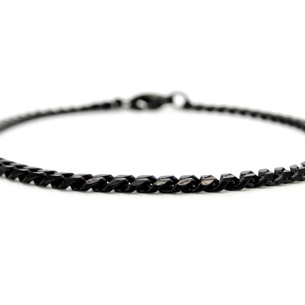 Black steel men's anklet jewellery, secure fastening and comfortable fit, thin curb link polished chain with purple gift bag and black box