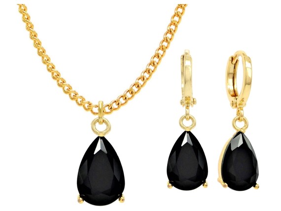 Moonstone black jewelry set 18CT white gold plated purple gift bag with black jewellery box jet black gems drop dangle princess pendant