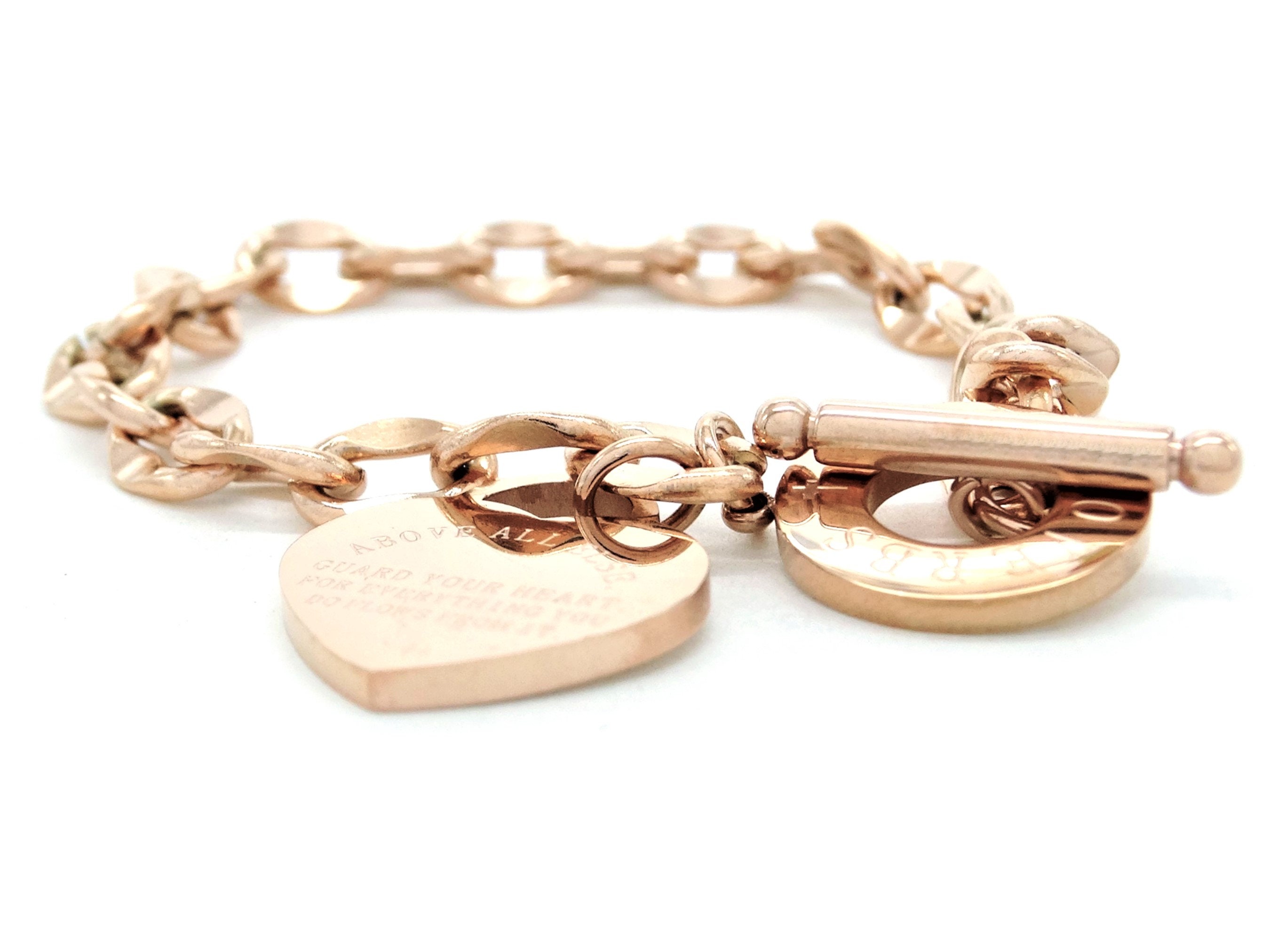 Details about   Genuine rose gold plated solid link chain proverbs 4:23 bracelet black gift box 