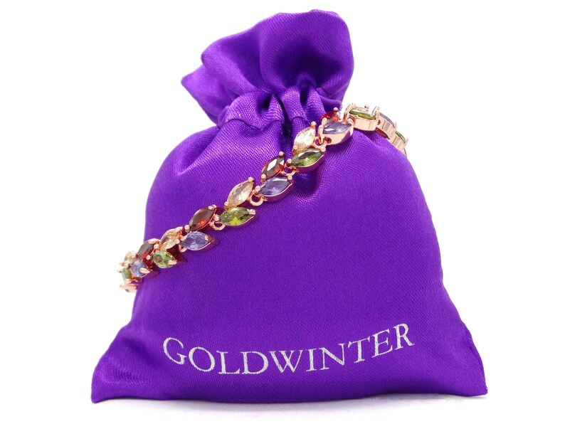purple bracelet bag black box Authentic rose gold plated bracelet with sparkling rainbow marquise gems surrounding deep green and citrine