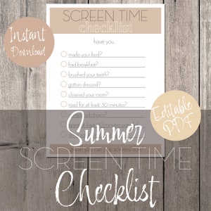 summer Screen Time Checklist Editable printable PDF