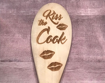 Laser Engraved Kiss the Cook Wooden Spoon