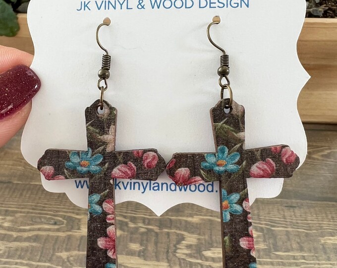 Floral Cross Earrings, Lightweight Wooden Earrings, Religious earrings, Made in Ohio E119