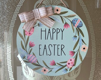 Happy Easter Round Door or Wall Sign with Bow, Happy Easter, Wooden Decor, Farmhouse, Rae Dunn Inspired  FREE SHIPPING   K119