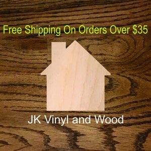 May include: A wooden house cutout on a brown wood background. The text "Free Shipping On Orders Over $35" is at the top of the image. The text "JK Vinyl and Wood" is at the bottom of the image.