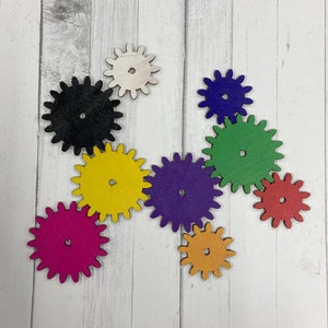 Interchangable Colored Wooden Gears, Functional Gears For Busyboards, School Projects, or Experiments.  Each Gear Works With Any Size.