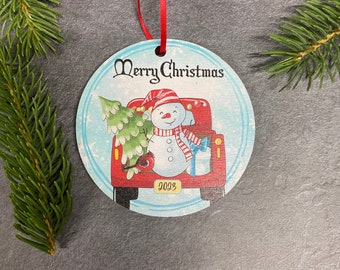 Merry Christmas Wooden Ornament Featuring An Old Truck and Snowman, Holiday Gift Ornament, X127