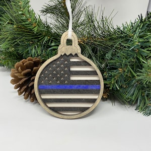 Thin Blue Line 3 Layered Wooden Christmas Ornament, 4.5&quot; X110