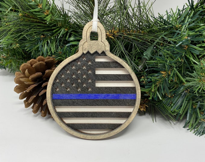 Thin Blue Line 3 Layered Wooden Christmas Ornament, 4.5" X110