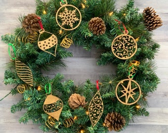 Set of 7 Traditional Wood Christmas Ornaments.