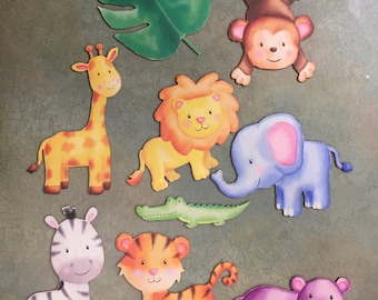 Set of 9 Laser Cut Wood Jungle Themed Animal Cutouts, Printed Design, Multiple Thickness, Crafting Wood, Nursery, Baby Room