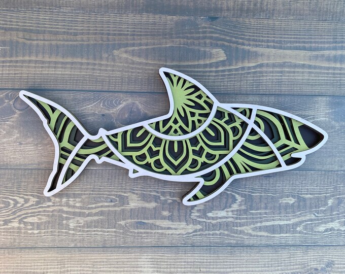3D Mandala Wooden Shark, Four Layered Wall Decoration for Home, Office, Or Nursery. Green colored Fish.  M109-4