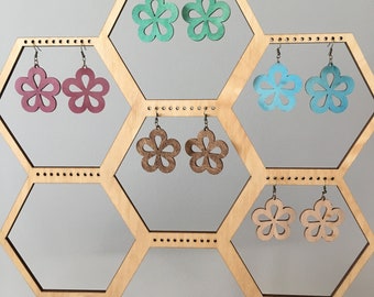 5 Petal Flower Wood Earrings, Laser Cut Wood Earrings, Handmade in Ohio, Multiple Sizes and Colors