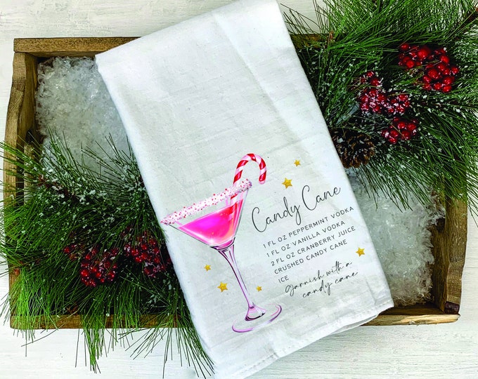 100% Cotton Dish Towels with Candy Cane Mixed Drink Recipes for Kitchen or Home Bar - Plain Weave, Full Color Prints, T120