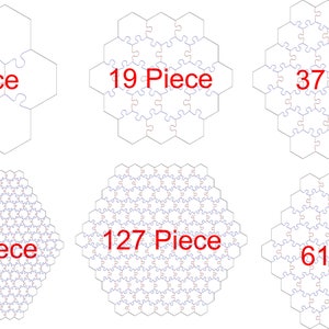 Pode incluir: Seis quebra-cabeças hexagonais com diferentes números de peças. Os quebra-cabeças são brancos com contornos pretos e o número de peças está escrito em vermelho. Os quebra-cabeças estão dispostos em duas filas de três. A fila superior mostra quebra-cabeças com 7, 19 e 37 peças. A fila inferior mostra quebra-cabeças com 61, 127 e 251 peças.