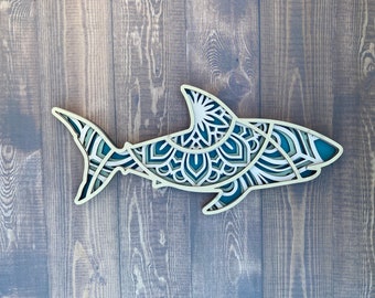 3D Mandala Wooden Shark, Four Layered Wall Decoration for Home, Office, Or Nursery. Yellow Colored Fish.  M109-3