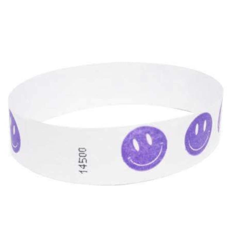 3/4 Tyvek Wristbands Pre-Printed SMILEY FACE Designs Purple