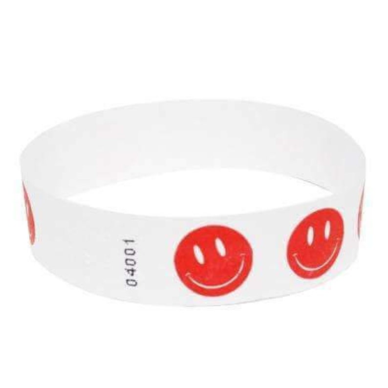 3/4 Tyvek Wristbands Pre-Printed SMILEY FACE Designs Bright Red