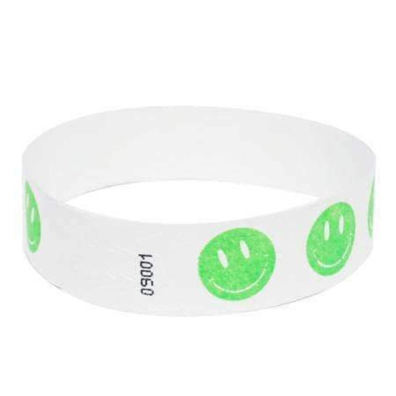 3/4 Tyvek Wristbands Pre-Printed SMILEY FACE Designs Neon Green