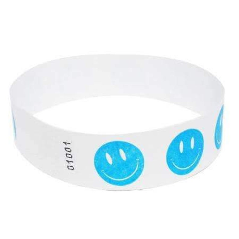 3/4 Tyvek Wristbands Pre-Printed SMILEY FACE Designs Neon Blue