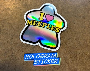 Pegatina holográfica "I Heart Meeples", calcomanía para juego de mesa.