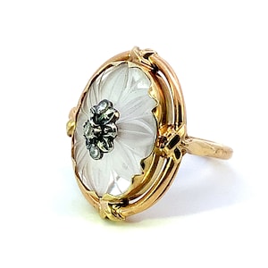 Yellow gold camphor glass ring vintage estate camphor glass carved quartz and diamond ring 14k vintage estate ring