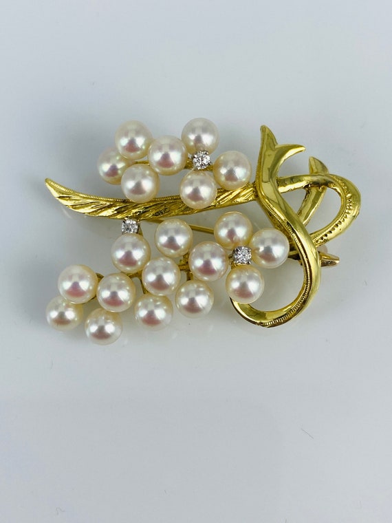 18k vintage cultured Pearl & diamond brooch - image 2