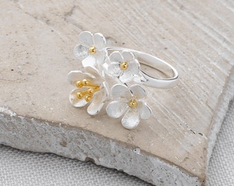 Handmade, Brushed Sterling Silver and 18k Gold Plate Flower Bouquet Ring
