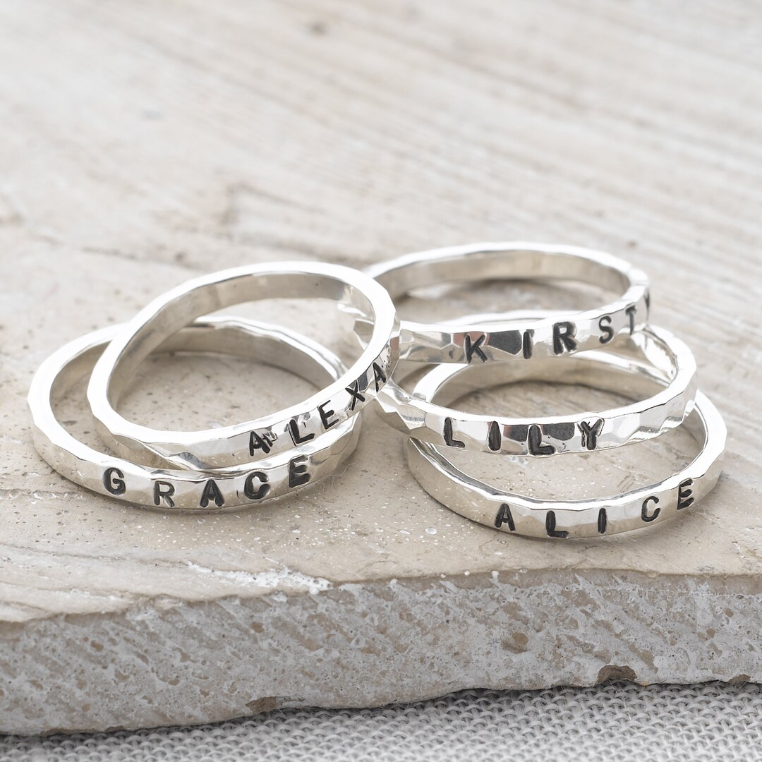 Hand Stamped Stacking Rings Personalized, Sterling Silver, Hammered ...