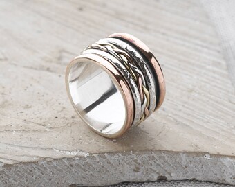 Handmade, Sterling Silver 925 Copper and Brass Oxidised Spin Ring