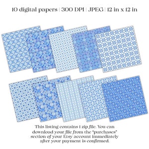 Blue Tile Digital Paper, Azulejo Portuguese Tile Patterns, Digital Backgrounds, Blue Scrapbook Paper Set, Mexican Tile Seamless Patterns image 2