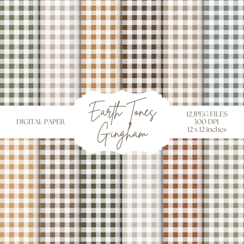 May include: Twelve digital paper patterns featuring gingham designs in various earth tones, including brown, green, beige, and orange. The patterns are 12x12 inches and 300 DPI. The text "Earth Tones Gingham" is displayed on the image.
