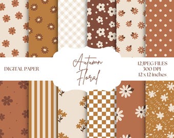 Autumn Floral Digital Paper, Fall Backgrounds, Flower Seamless Patterns, Scrapbook Paper For Card Making, Invitations, Brown Floral Paper