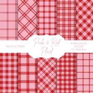 May include: Ten digital paper designs featuring pink and red plaid patterns. Each design is 30.48 cm by 30.48 cm and 300 DPI.