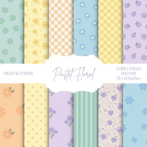 Floral Digital Paper, Pastel Seamless Patterns, Purple Backgrounds, Flower Digital Scrapbook Paper, Card Making, Invitations, Yellow, Blue