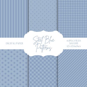 Blue Digital Paper, Steel Blue Backgrounds, Polka Dots, Houndstooth, Seamless Patterns, Digital Scrapbook Paper, Stripes, Checkered Pattern