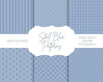 Blue Digital Paper, Steel Blue Backgrounds, Polka Dots, Houndstooth, Seamless Patterns, Digital Scrapbook Paper, Stripes, Checkered Pattern