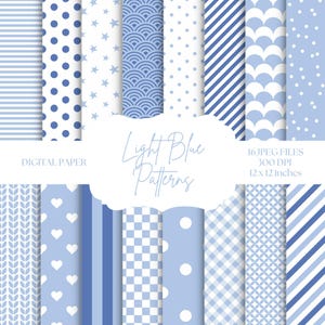 Papel digital azul, fondos sin costuras, patrones en azul claro y blanco, papel para álbumes de recortes digitales, rayas, lunares, papel imprimible